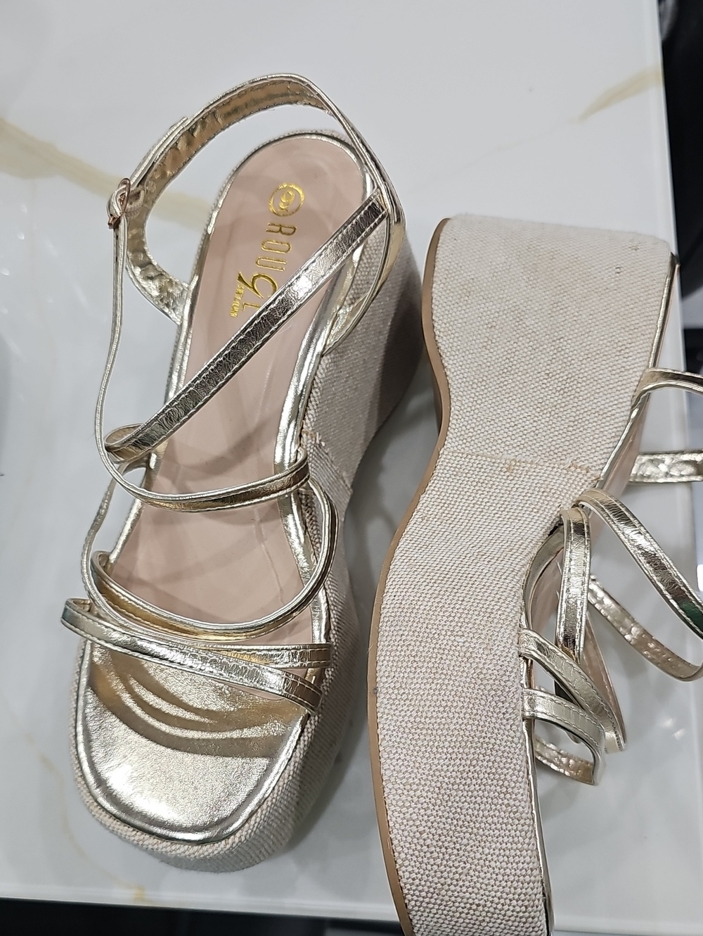 Rouge Helium Metallic Gold Strappy Wedge Sandals